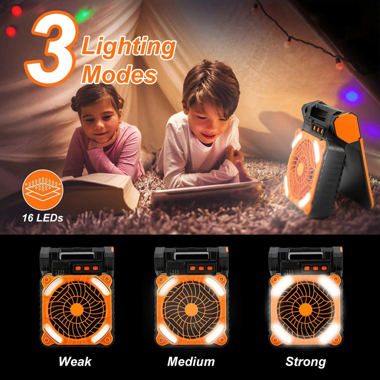 Solar Camping Fan with LED Lantern - 5200mAh Rechargeable Battery, Portable Design, Emergency Power Bank, 4 Wind Speeds, 3 Light Modes, and 3 Timers for Outdoor Activities