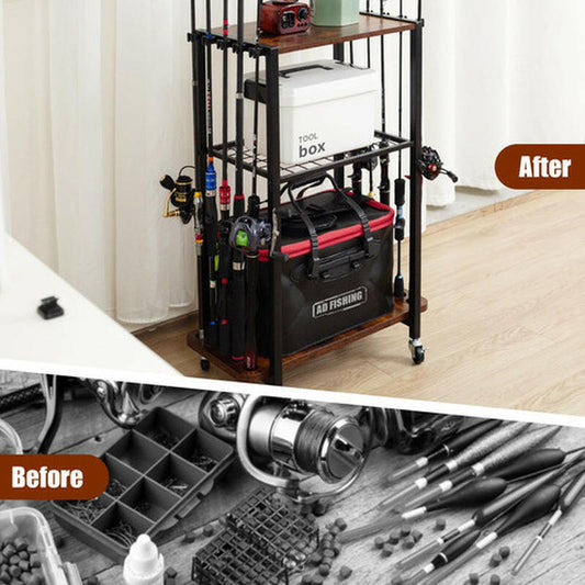 Premium Fishing Rod Holder: Tackle Cart and Pole Organizer Storage Solution for Garages.
