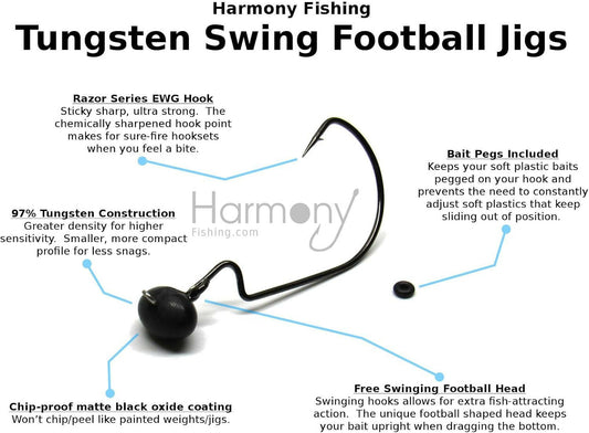 Harmony Fishing Tungsten Swing Football Jigs - Pack of 3 with 10 Bait Pegs for Bass Fishing.