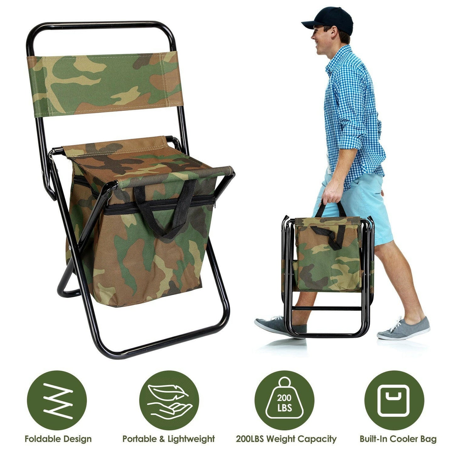 Foldable Fishing Chair with Backrest and Integrated Cooler Bag - Portable Lightweight Stool for Outdoor Activities such as Camping, Hiking, and Hunting