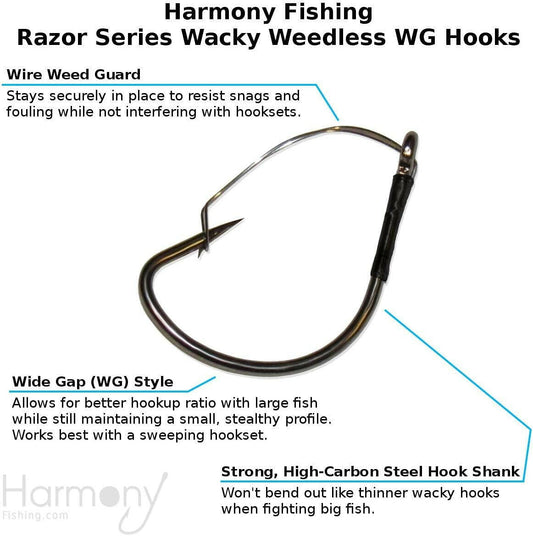 Harmony Fishing Razor Series Wacky Weedless WG Hooks - Premier Bass Fishing Hooks for Wacky and Neko Rigs.