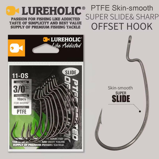 Catch more fish with our PTFE Super Slide Offset Hook! Perfect for Texas Rig and Drop Shot setups. Upgrade your fishing game today! 🎣✨.