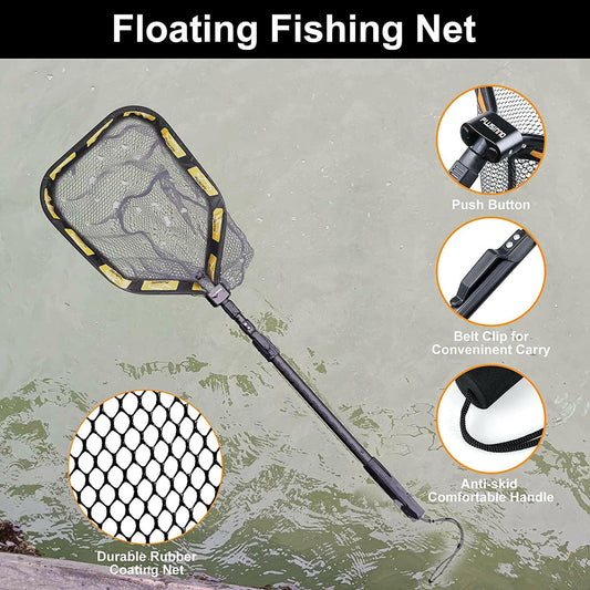 Floating Fishing Net for Steelhead, Salmon, Fly, Kayak, Catfish, Bass, Trout Fishing, Rubber Coated Landing Net for Easy Catch & Release, Compact & Foldable for Easy Transportation & Storage.