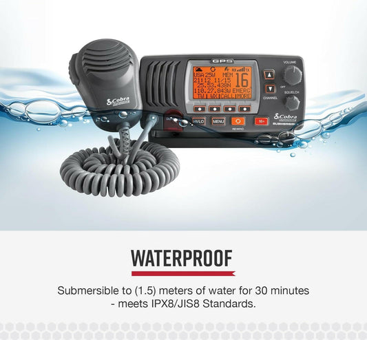 MR F77B GPS Fixed Mount VHF Marine Radio - 25 Watt VHF with Built-In GPS, Submersible Design, LCD Display, Noise Cancelling Microphone, NOAA Weather, Signal Strength Meter, and Channel Scanning in Black/Grey.