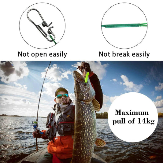 Gear up for your next fishing adventure! 🎣 100PCS of heavy-duty stainless steel fishing line leaders with swivels & snaps - perfect for connecting tackle, lures, and hooks! 💪🌊 #FishingGear #AnglerEssentials #CatchOfTheDay.