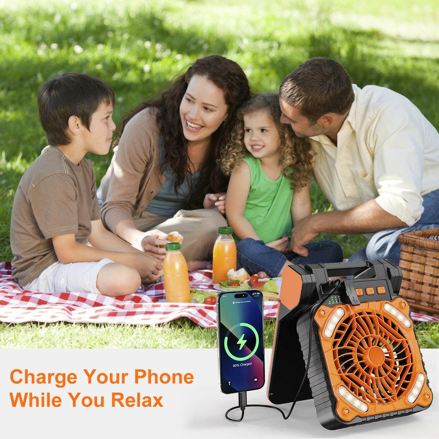 Solar Camping Fan with LED Lantern - 5200mAh Rechargeable Battery, Portable Design, Emergency Power Bank, 4 Wind Speeds, 3 Light Modes, and 3 Timers for Outdoor Activities
