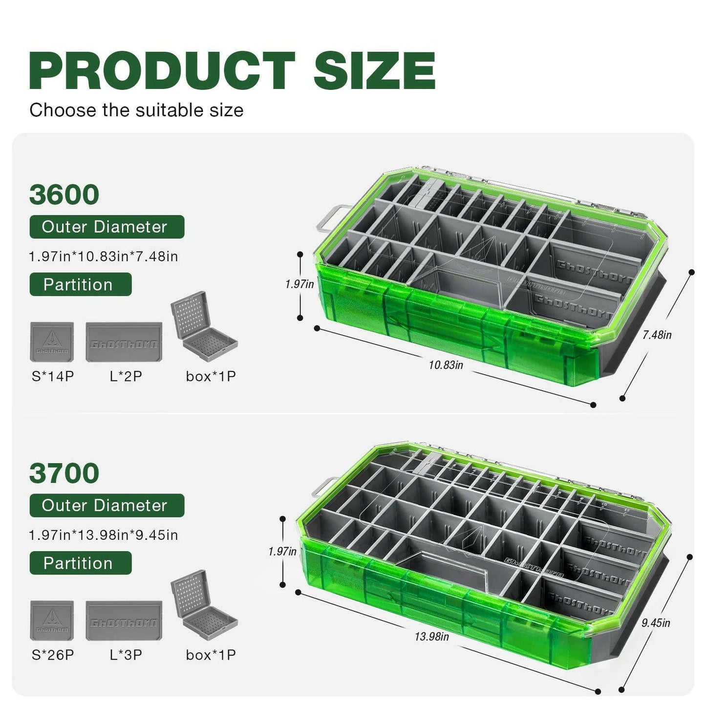 Ghosthor Plastic Fishing Tackle Box Organizer,Waterproof 3600 and 3700 Tackle Trays with Removable Partition,Fishing Lures/Bait/Gear Storage, 3600 1Pc.
