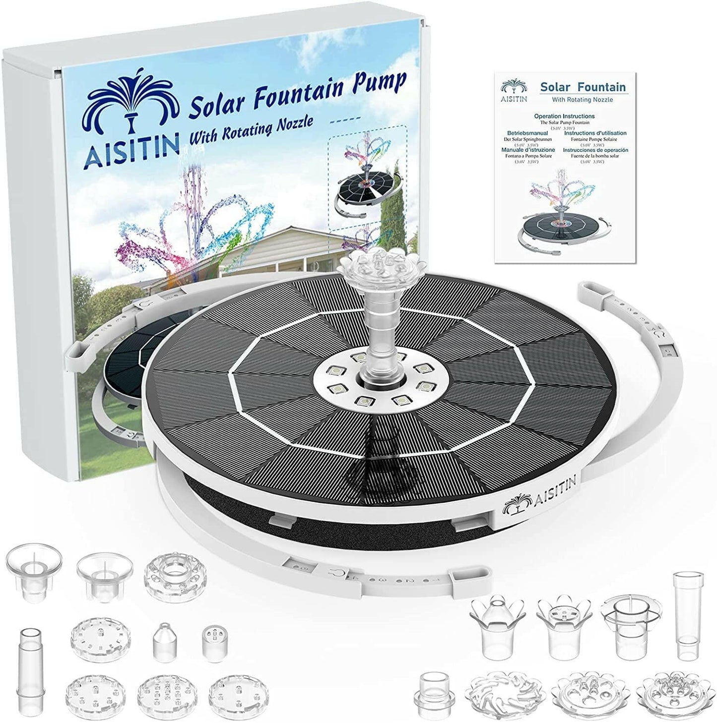 3.5W Solar Fountain Pump with LED Lights for Birdbaths and Pools, Featuring 16 DIY Nozzles, 3000mAh Battery, and Retractable Stand for Outdoor Use
