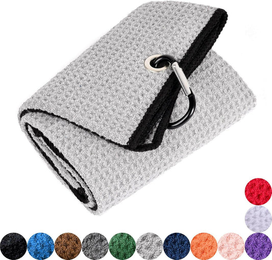 Microfiber Waffle Pattern Golf Towel with Club Groove Cleaner Brush and Foldable Divot Tool featuring Magnetic Ball Marker (Gray).