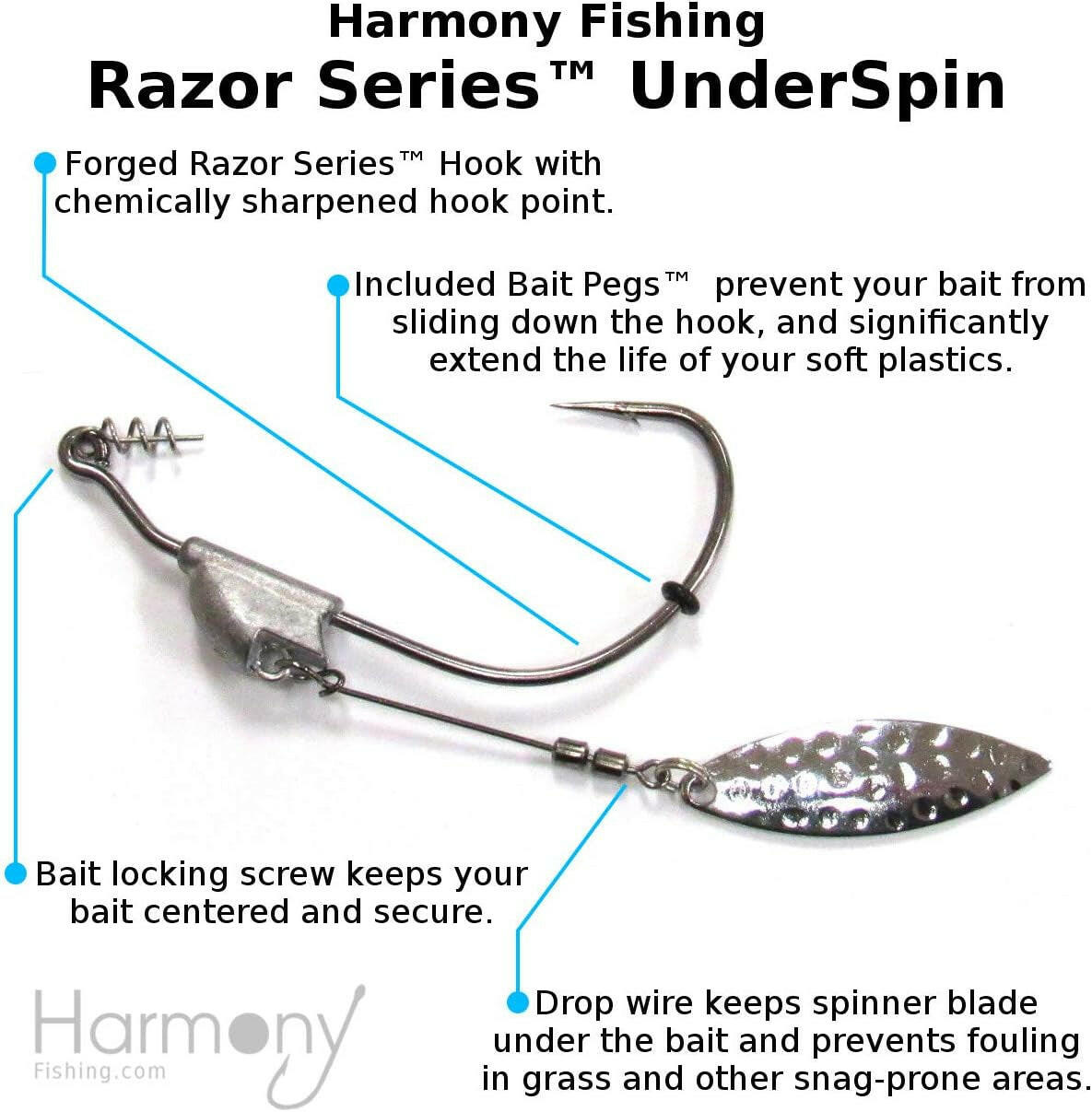 Harmony Fishing Razor Series Underspin Swimbait Hooks (4 Pack with 5 Bait Pegs) - Weighted Weedless Swimmer Hooks Featuring Flashy Willow Spinner Blades