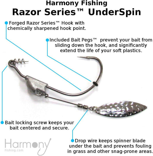 Harmony Fishing Razor Series Underspin Swimbait Hooks (4 Pack with 5 Bait Pegs) - Weighted Weedless Swimmer Hooks Featuring Flashy Willow Spinner Blades.