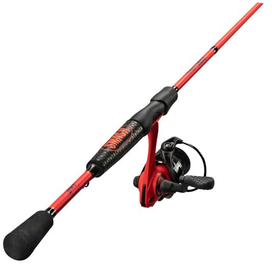 Mach Smash Spinning Reel and Fishing Rod Combo, 6'6" One-Piece Rod with Size 30 Reel, Black and Red.