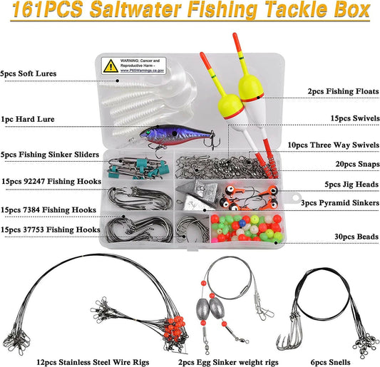 Comprehensive 161-Piece Saltwater Surf Fishing Tackle Box Kit – All-Inclusive Ocean Beach Equipment with Lures, Rigs, Hooks, and Accessories.