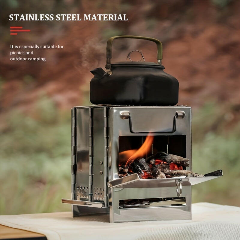 Experience the Great Outdoors with an Integrated Folding Mini Stainless Steel Charcoal Stove.
