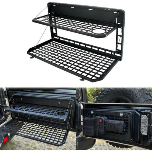 2-Tier Foldable Tailgate Table and Cargo Rack for 2007-2022 Jeep Wrangler JK & JL 4-Door - Ideal for Outdoor Camping.
