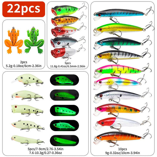 22-Piece Luminous Fishing Lure Kit with Realistic Action Soft Frogs, Poppers, Minnows, and VIBs with Durable Hooks.
