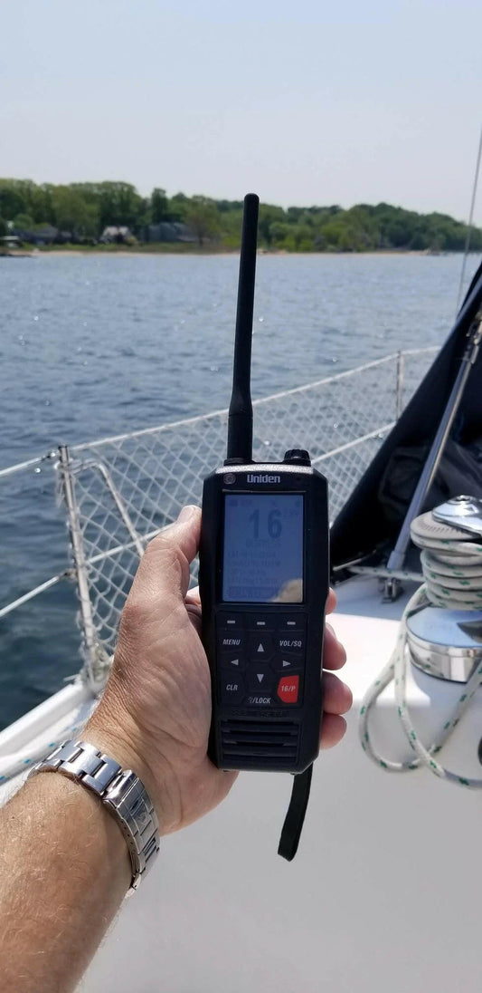 MHS335BT 6-Watt Class-D Floating Handheld VHF Marine Radio with Bluetooth Connectivity.