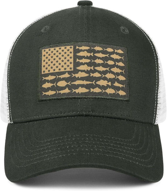 American Fish Flag Trucker Hats - Ideal Gifts for Anglers - Fashionable Snapback for Outdoor Activities and Everyday Use.
