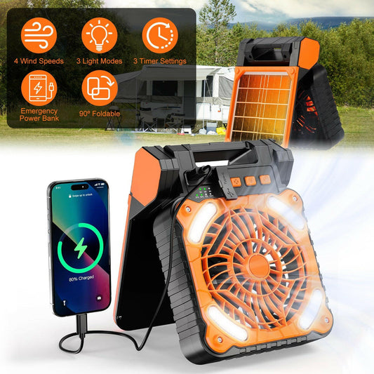 Solar Camping Fan with LED Lantern - 5200mAh Rechargeable Battery, Portable Design, Emergency Power Bank, 4 Wind Speeds, 3 Light Modes, and 3 Timers for Outdoor Activities.