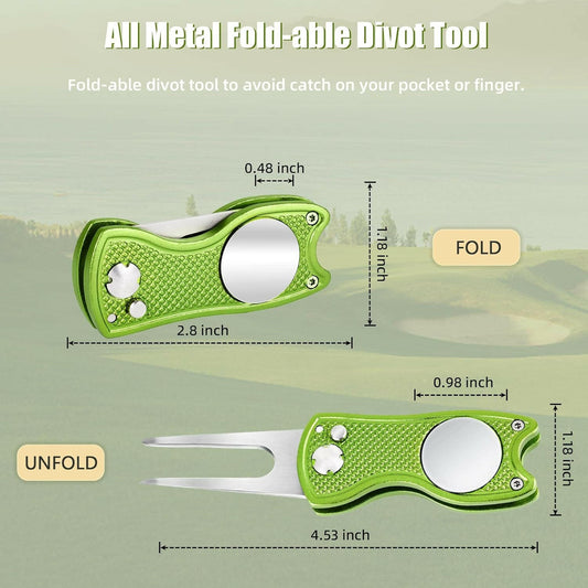Premium All-Metal Foldable Golf Divot Repair Tool with Pop-Up Button and Magnetic Ball Marker - Available in 2 to 6 Pack Options.