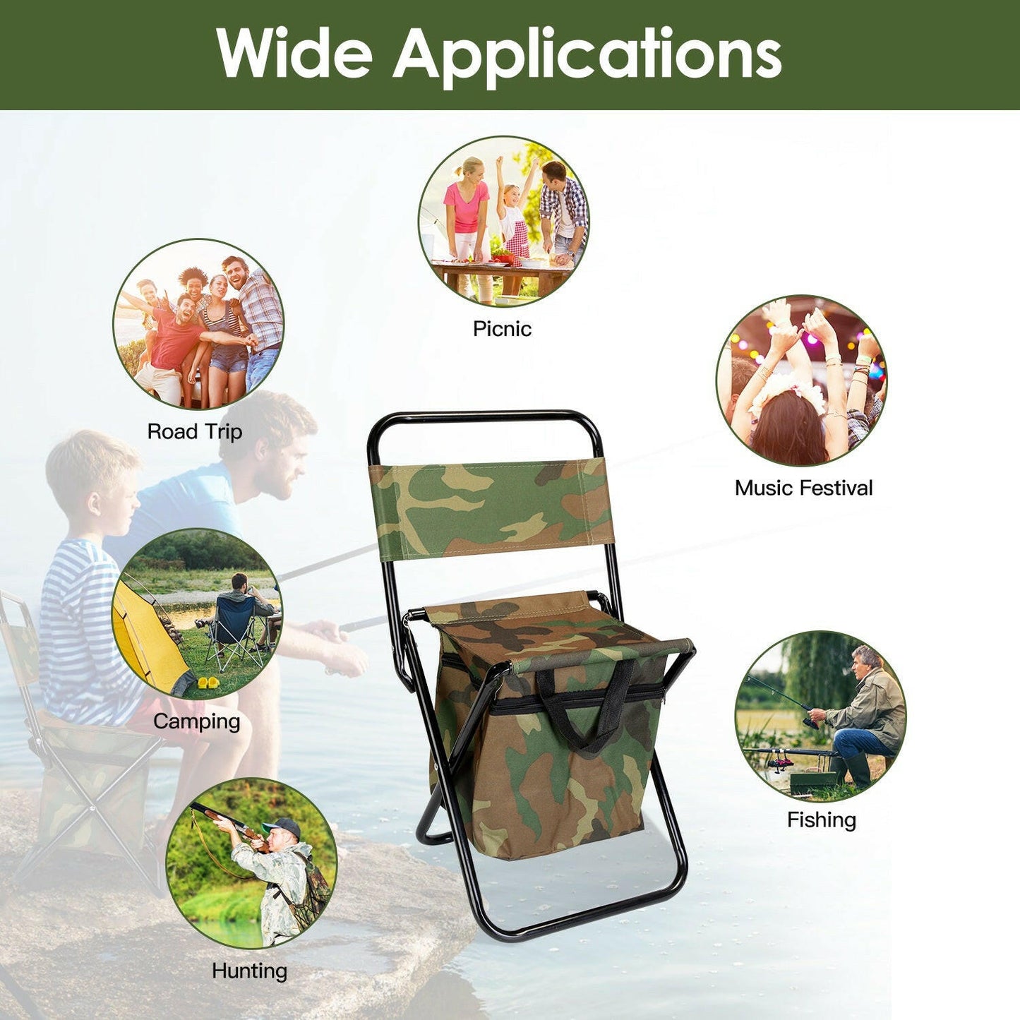 Foldable Fishing Chair with Backrest and Integrated Cooler Bag - Portable Lightweight Stool for Outdoor Activities such as Camping, Hiking, and Hunting