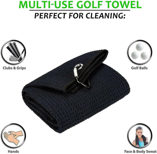 Premium Microfiber Golf Towels - Tri-Fold Waffle Pattern with Club Groove Cleaner Brush Kit - Perfect Gift for Golfers (2 Black Towels + Black Brush).