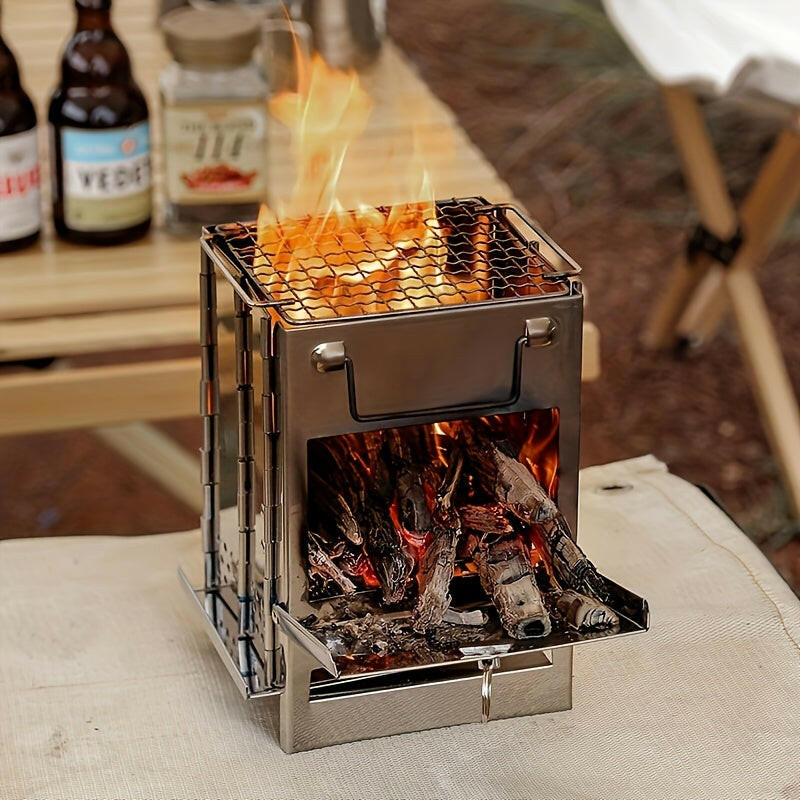 Experience the Great Outdoors with an Integrated Folding Mini Stainless Steel Charcoal Stove.