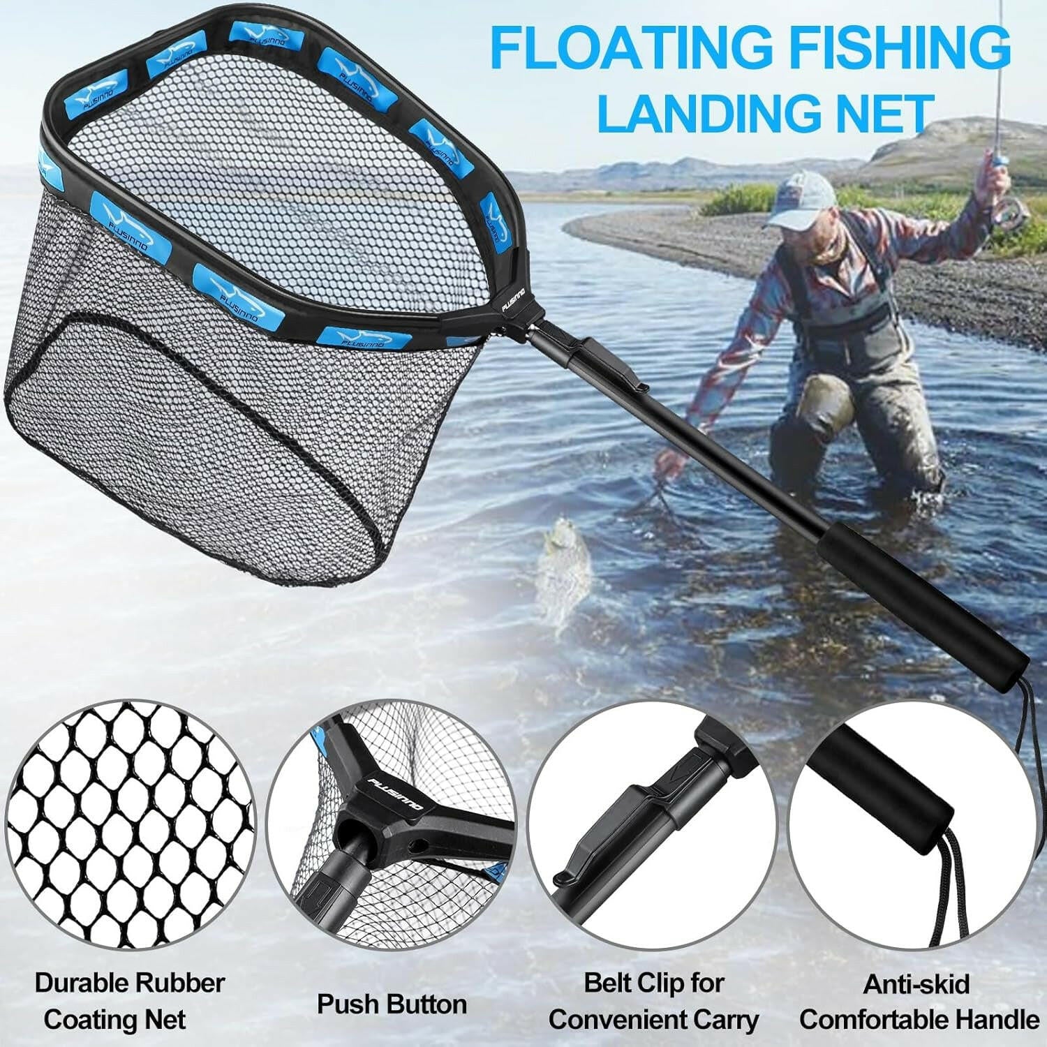 Premium Floating Fishing Net - Perfect for Steelhead, Salmon, Trout & More - Rubber Coated for Easy Catch & Release - Compact & Foldable Design for Convenient Transport & Storage.