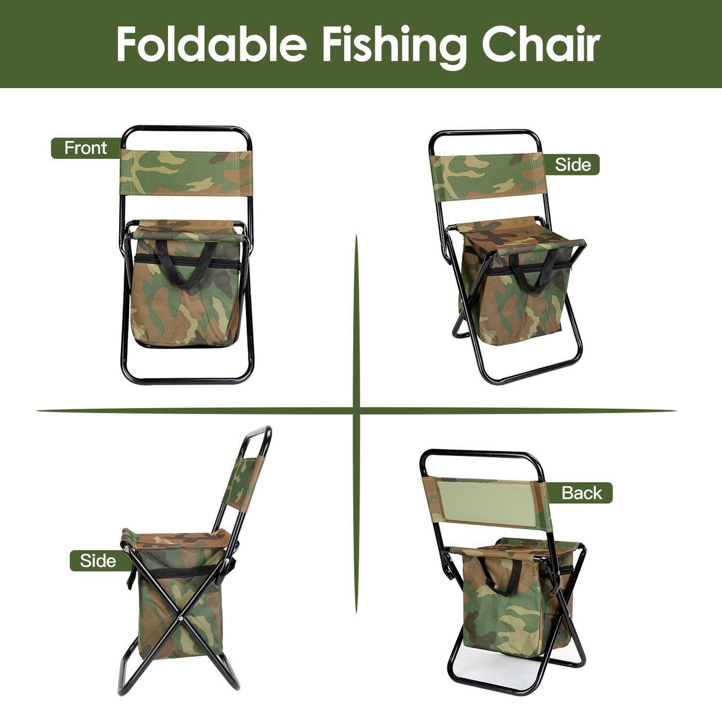 Foldable Fishing Chair with Backrest and Integrated Cooler Bag - Portable Lightweight Stool for Outdoor Activities such as Camping, Hiking, and Hunting