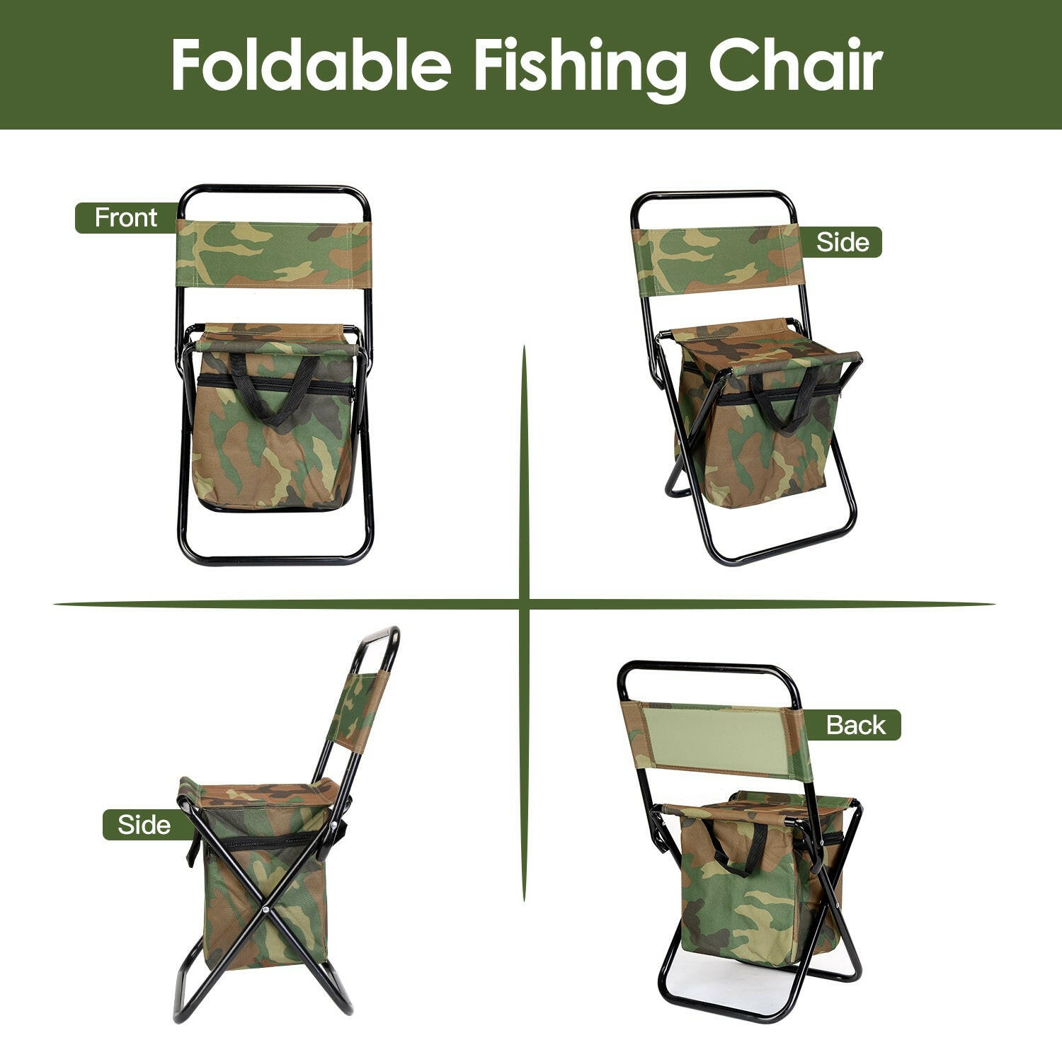 Foldable Fishing Chair with Backrest and Integrated Cooler Bag - Portable Lightweight Stool for Outdoor Activities such as Camping, Hiking, and Hunting