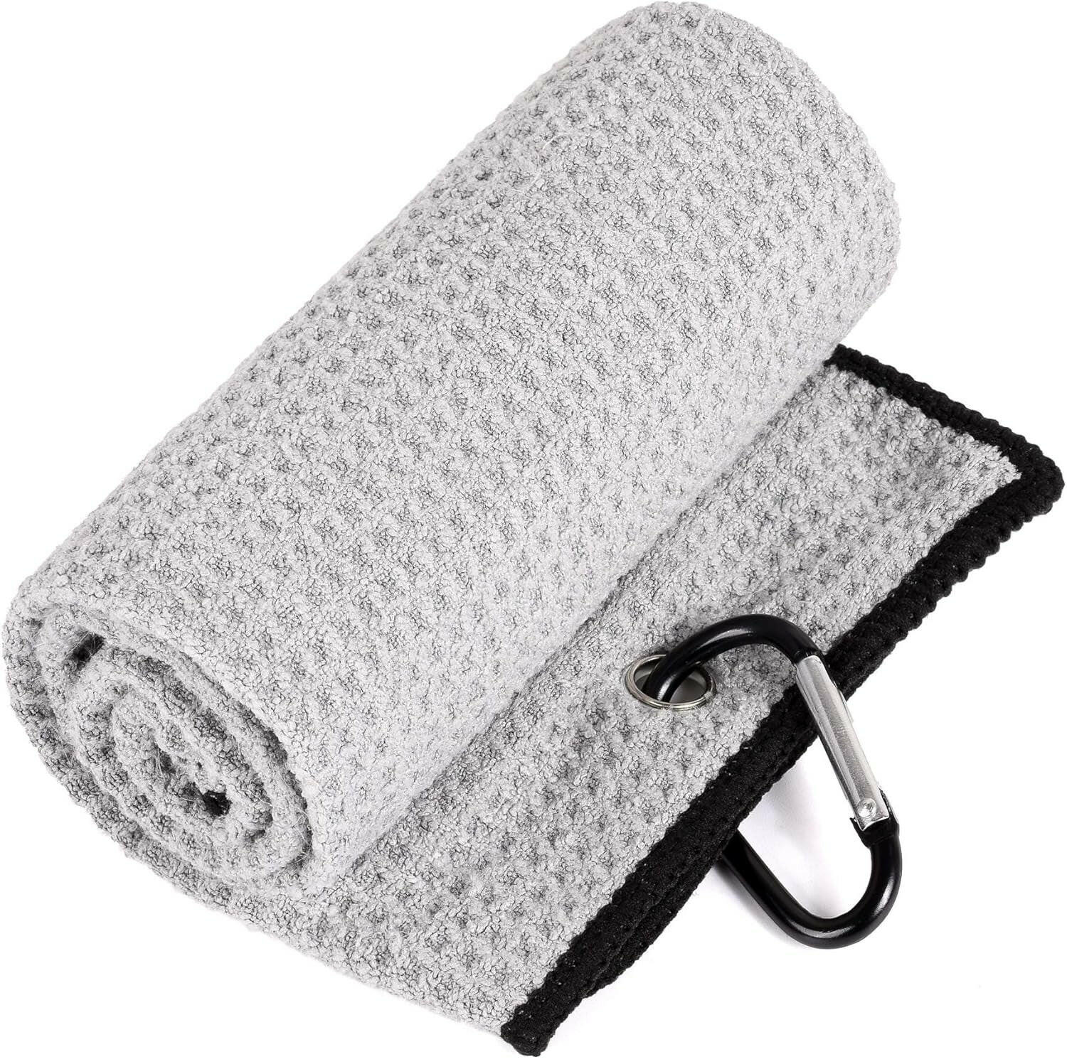 Microfiber Waffle Pattern Golf Towel with Club Groove Cleaner Brush and Foldable Divot Tool featuring Magnetic Ball Marker (Gray)