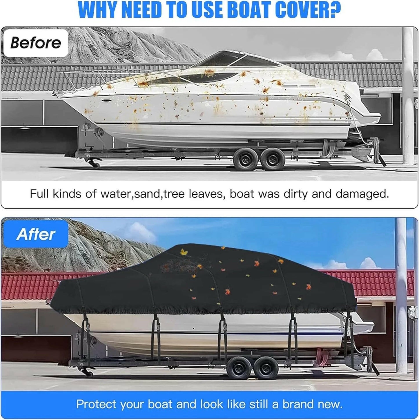 Heavy Duty Waterproof Boat Cover for 17-19FT V-Hull Trailers - 210D Oxford Mooring Cover with 5 Straps (19.7 x 9.8 FT).