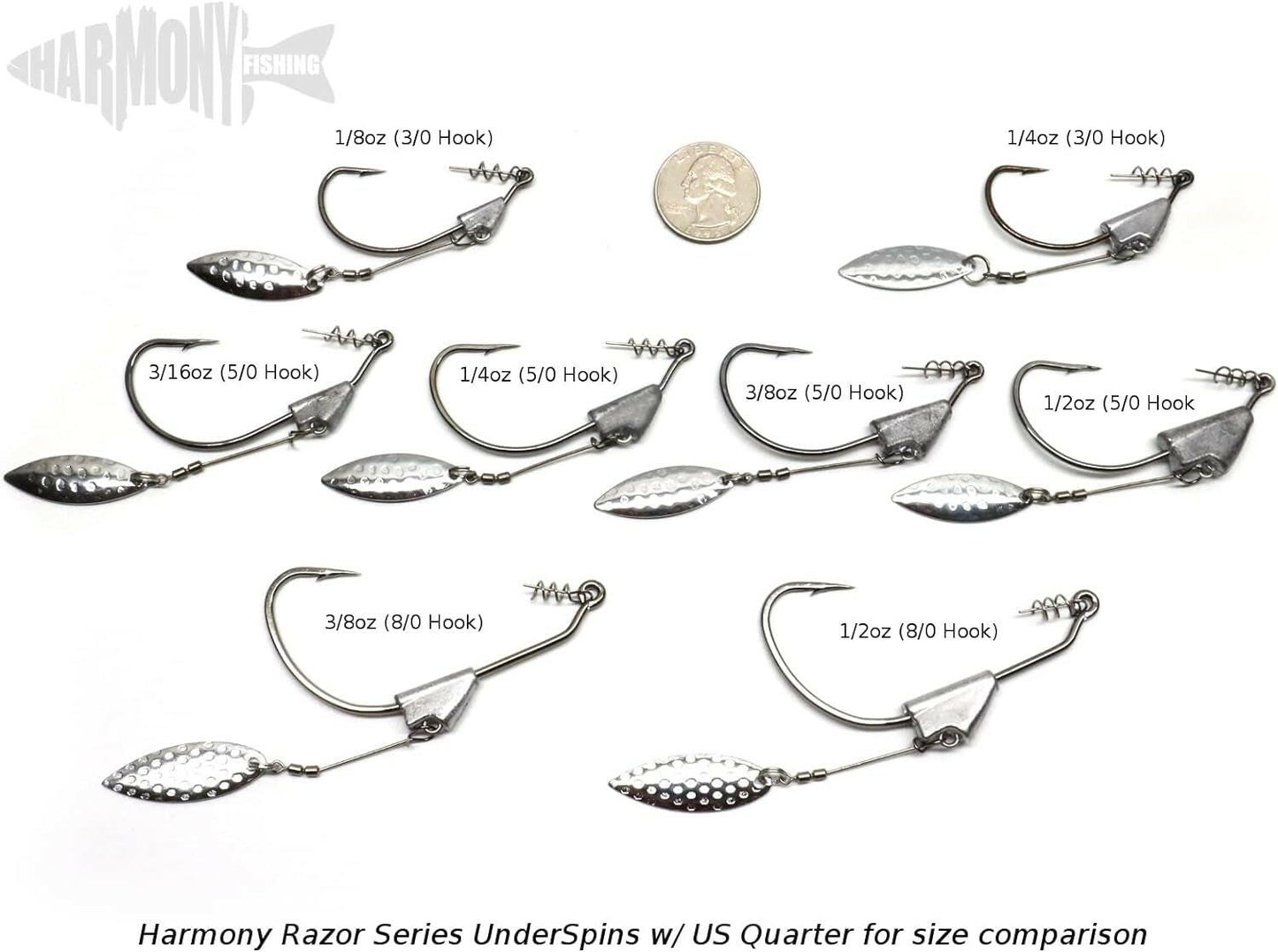Harmony Fishing Razor Series Underspin Swimbait Hooks (4 Pack with 5 Bait Pegs) - Weighted Weedless Swimmer Hooks Featuring Flashy Willow Spinner Blades