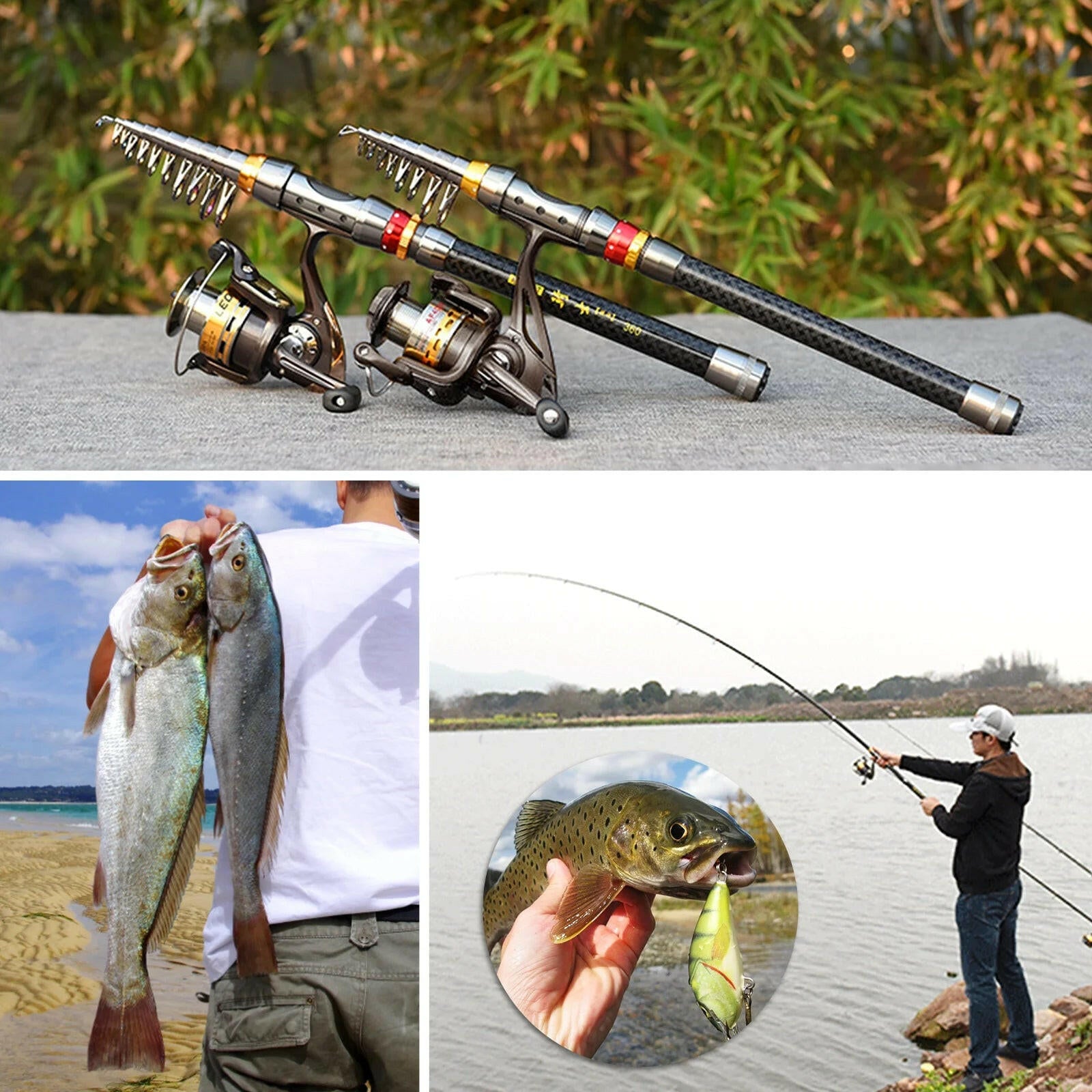 2-Piece Carbon Fiber Telescopic Fishing Rod and Reel Combo Set with Spinning Reel Gear Organizer