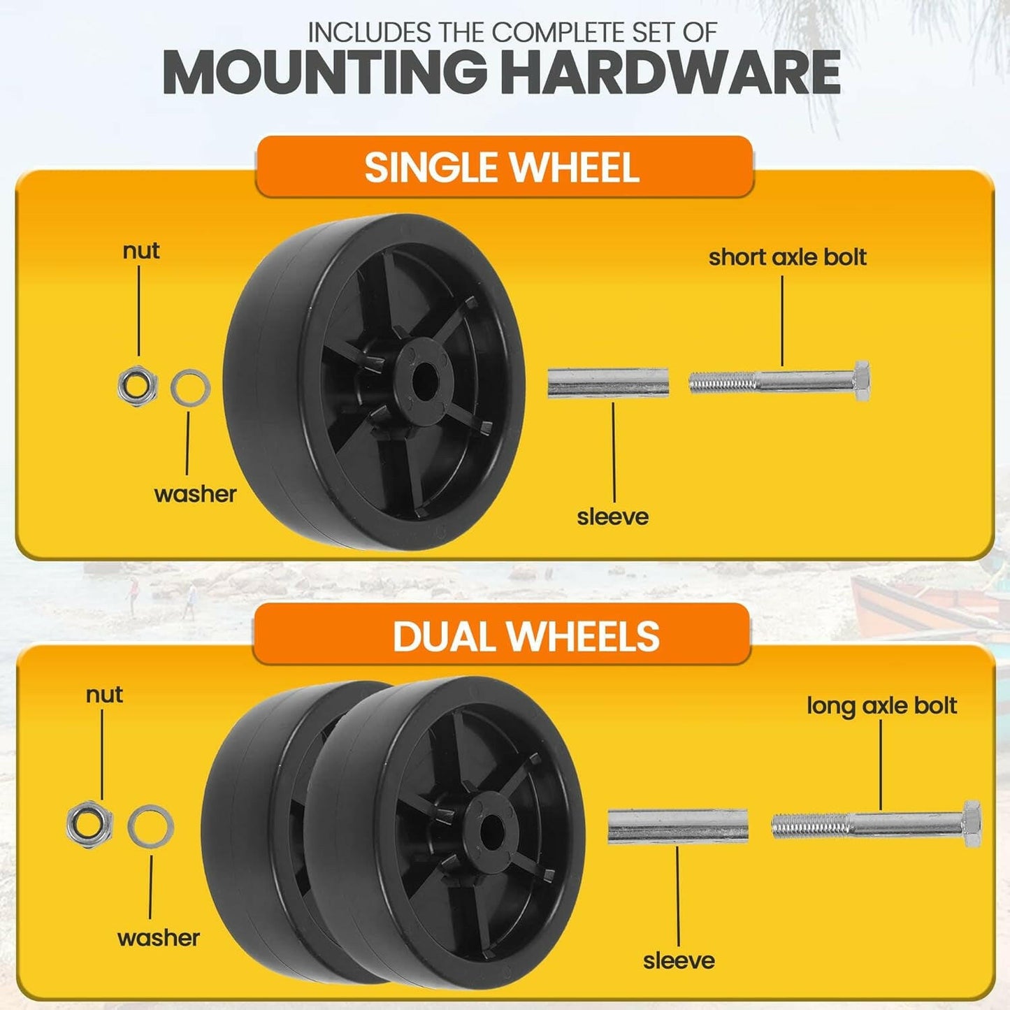 (2-Pack)  6-Inch Boat Trailer Jack Wheels - Universal Fit Black Plastic Caster Wheels - Includes All Mounting Hardware - Suitable for Boat Trailer Jacks with 1 or 2 Wheels.