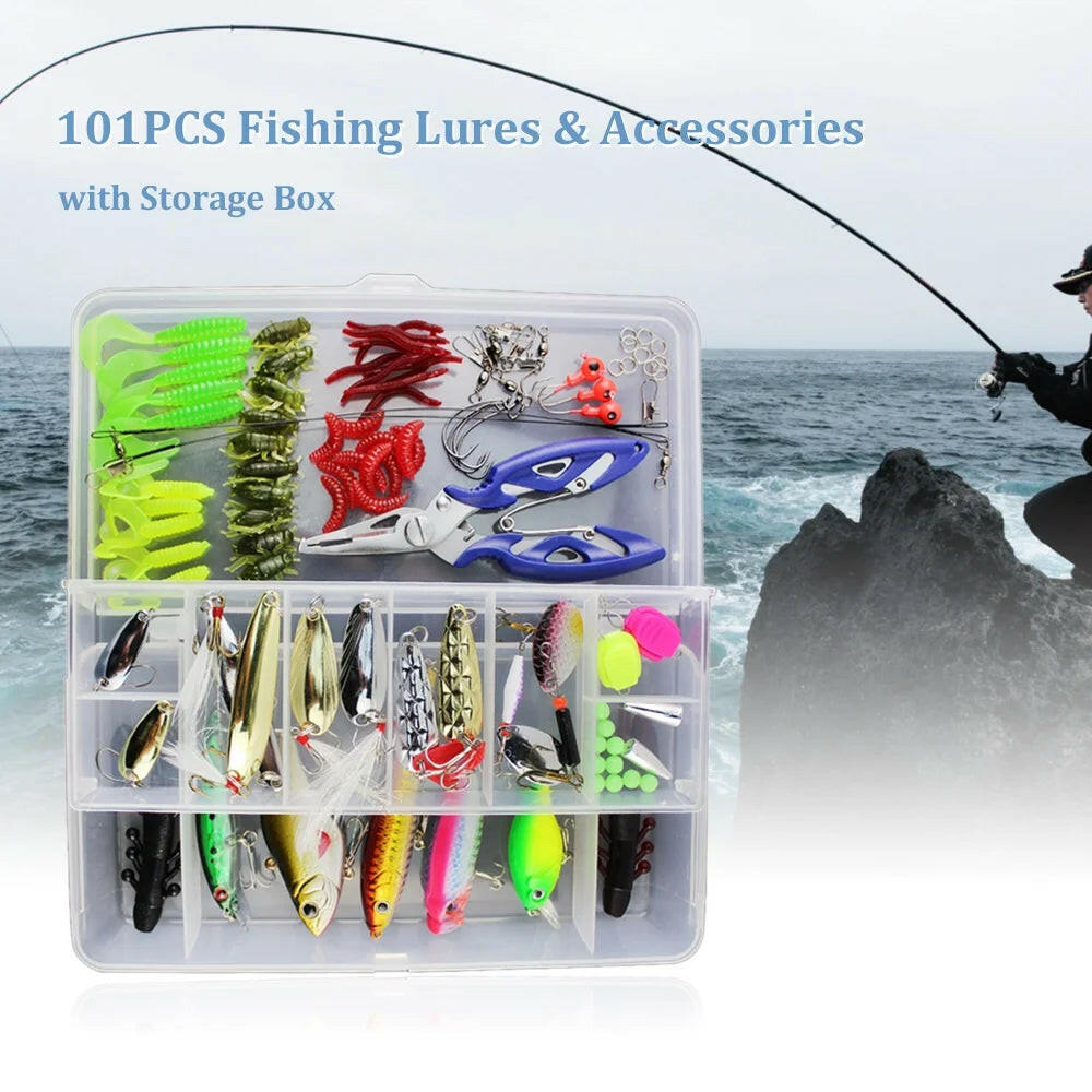 Ultimate 101-Piece Fishing Lures Kit - Mixed Hard & Soft Baits, Topwater Floating Lures, Hooks & Accessories for Every Angler.