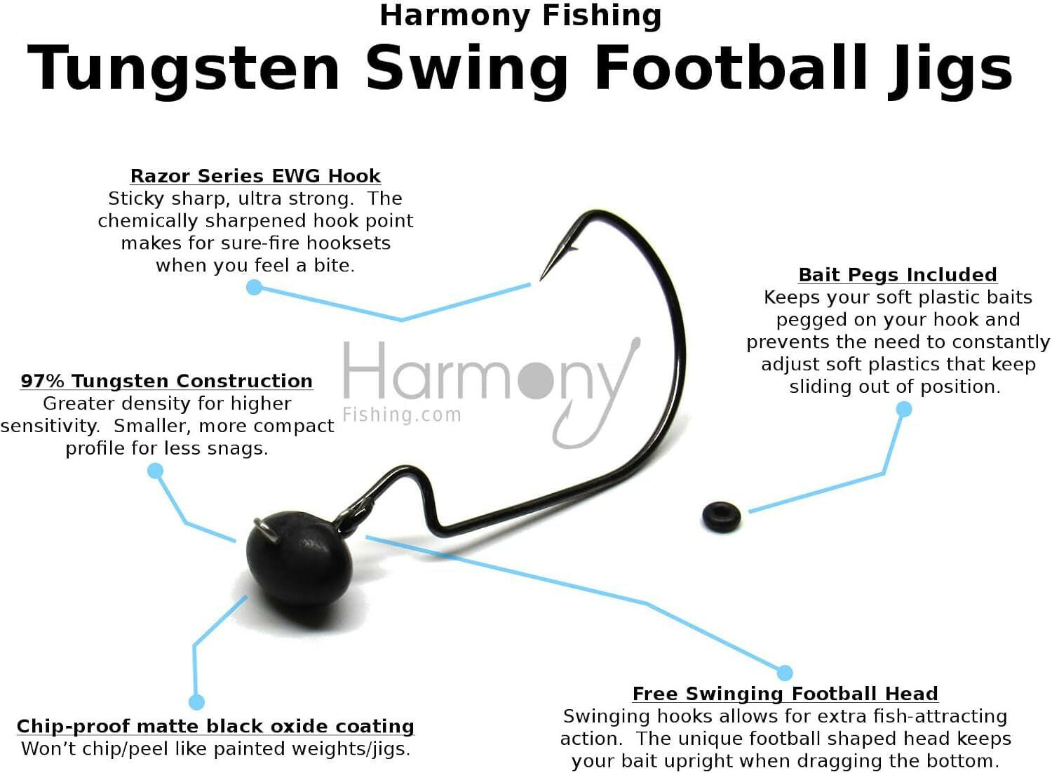 Harmony Fishing Tungsten Swing Football Jigs - Pack of 3 with 10 Bait Pegs for Bass Fishing