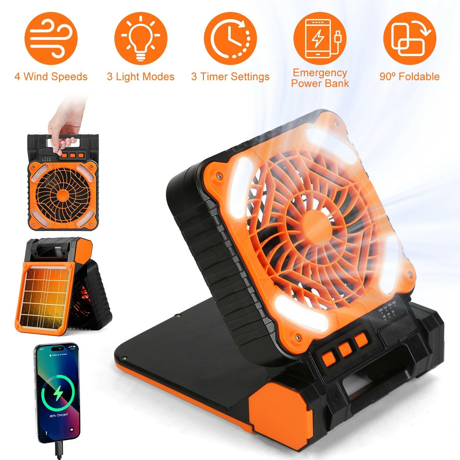 Solar Camping Fan with LED Lantern - 5200mAh Rechargeable Battery, Portable Design, Emergency Power Bank, 4 Wind Speeds, 3 Light Modes, and 3 Timers for Outdoor Activities
