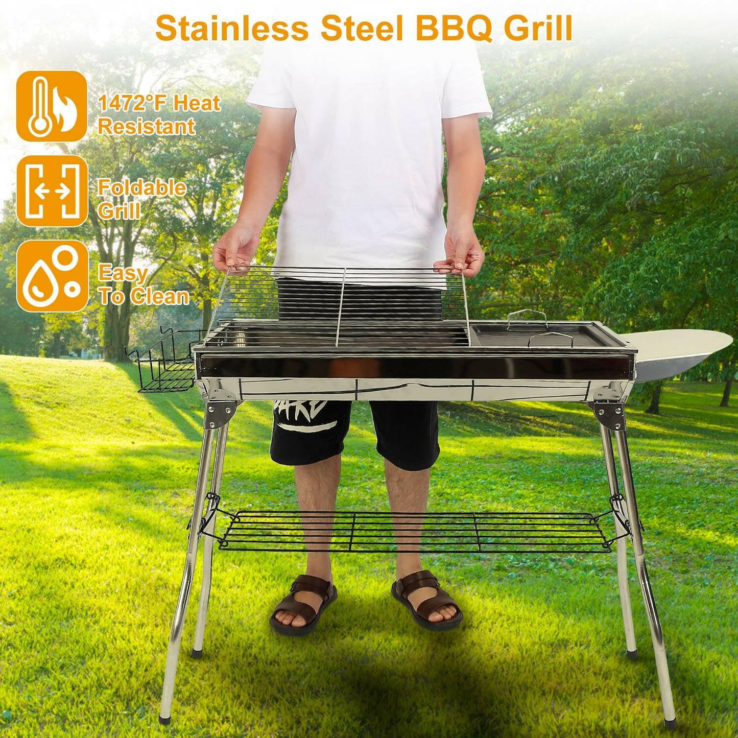 Foldable Portable Charcoal BBQ Grill - Stainless Steel Barbecue Grill for Picnics, Camping, and Yard Cooking with FedEx Shipping