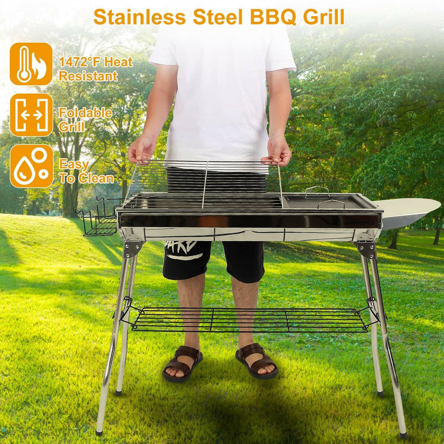 Foldable Portable Charcoal BBQ Grill - Stainless Steel Barbecue Grill for Picnics, Camping, and Yard Cooking with FedEx Shipping