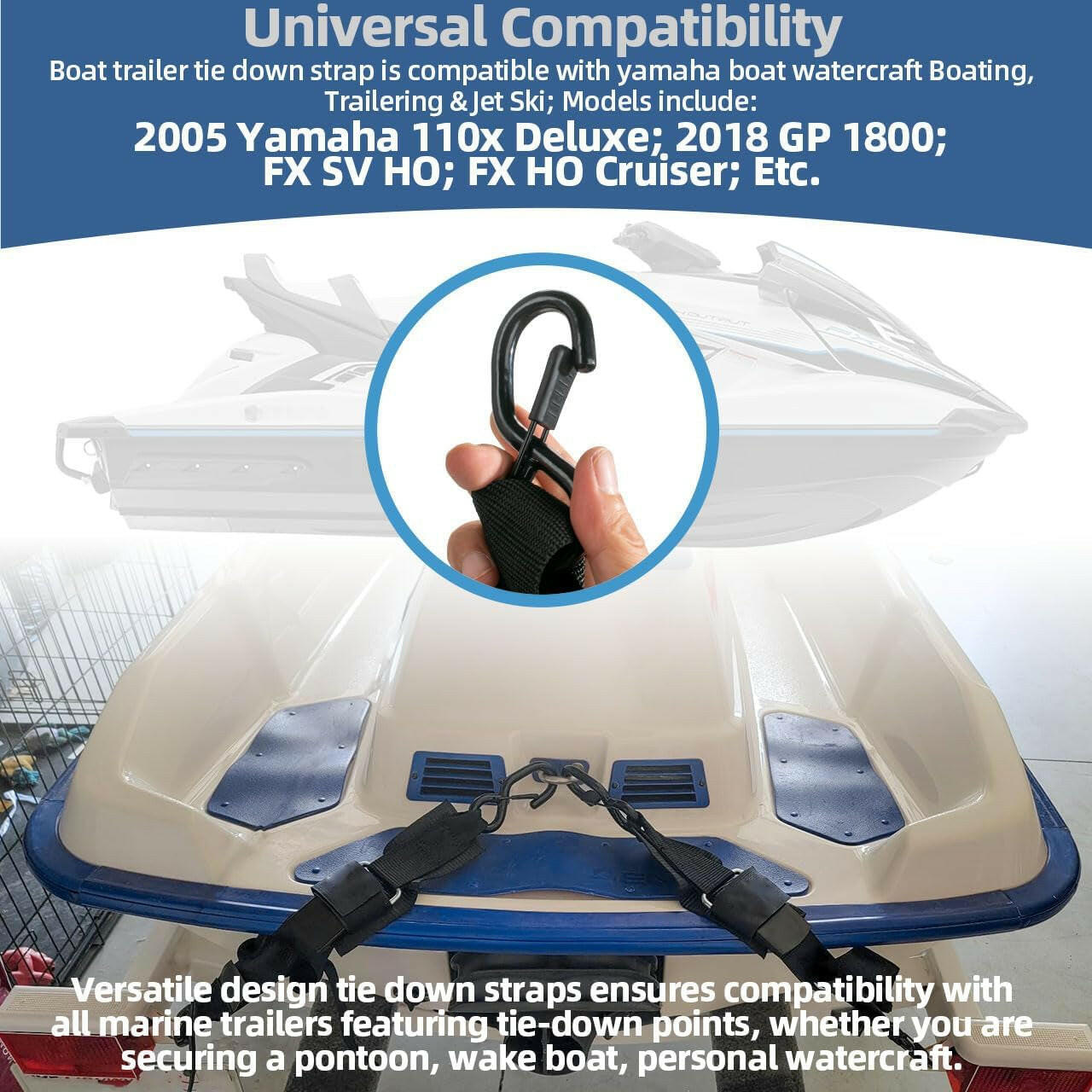 Premium Adjustable Boat Trailer Tie Down Straps for Yamaha Watercraft - 2" x 24" Transom Straps with Hooks for Secure Trailing & Jet Ski Transport - Replaces SBT-TRNSM-TD-08 (1 Pair).