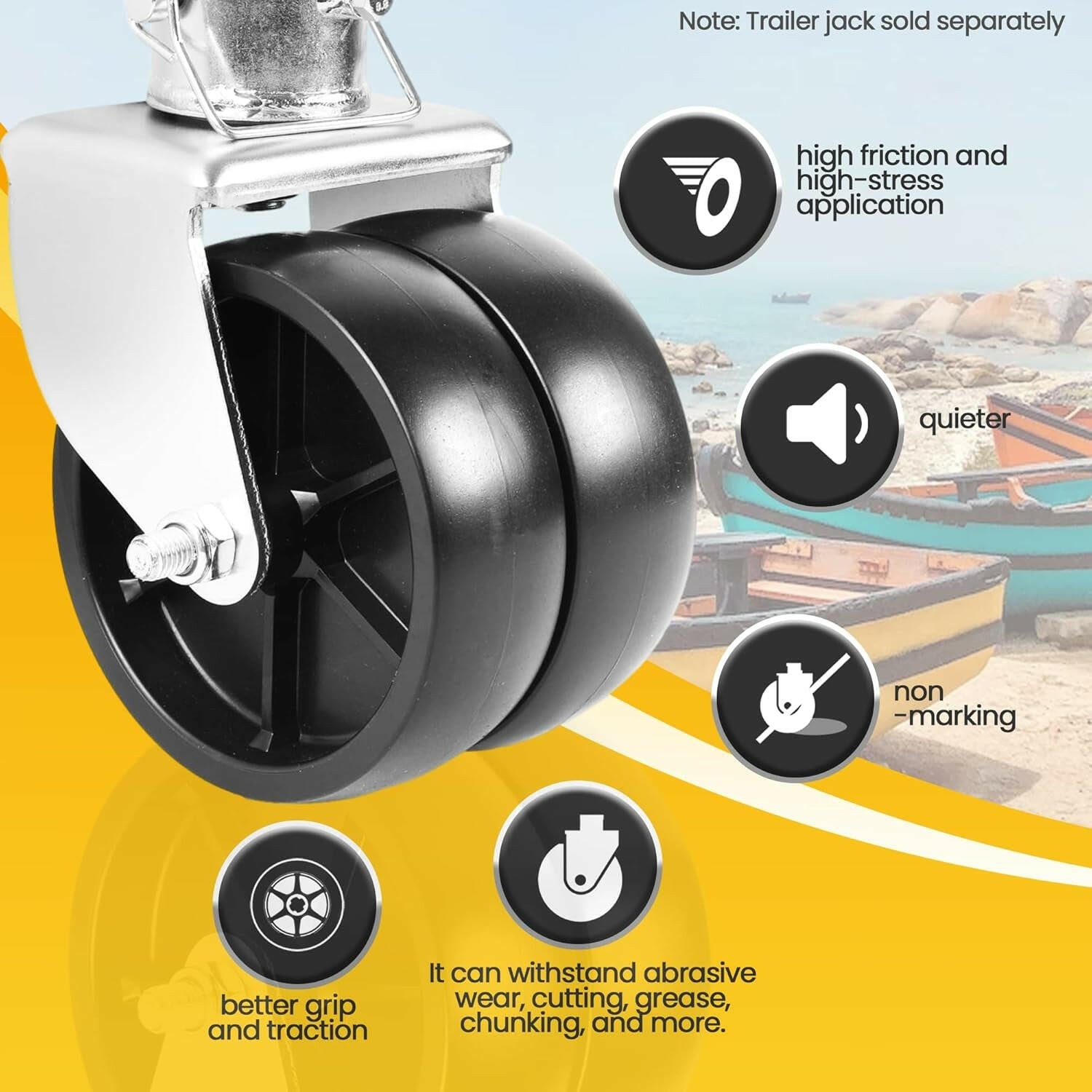 (2-Pack)  6-Inch Boat Trailer Jack Wheels - Universal Fit Black Plastic Caster Wheels - Includes All Mounting Hardware - Suitable for Boat Trailer Jacks with 1 or 2 Wheels.