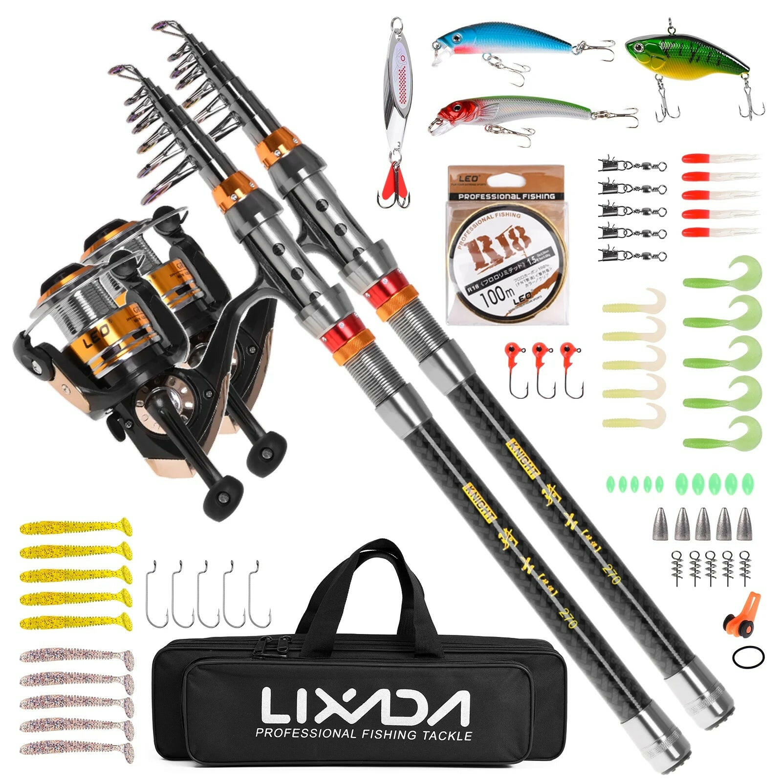2-Piece Carbon Fiber Telescopic Fishing Rod and Reel Combo Set with Spinning Reel Gear Organizer