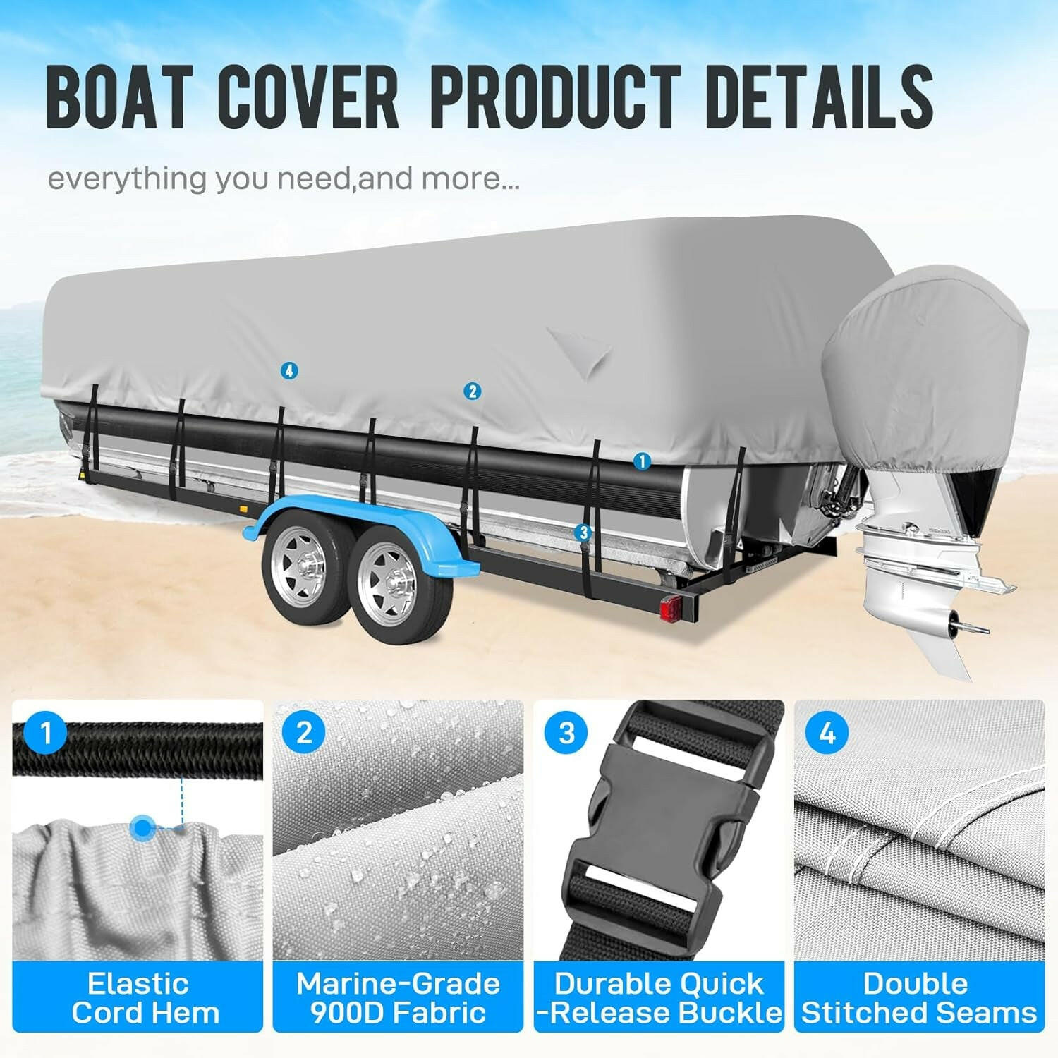 Heavy Duty 900D Waterproof Pontoon Boat Cover with Motor Cover - Fits 17-20 FT Deck Boats - Durable Marine Grade Canvas in Gray.