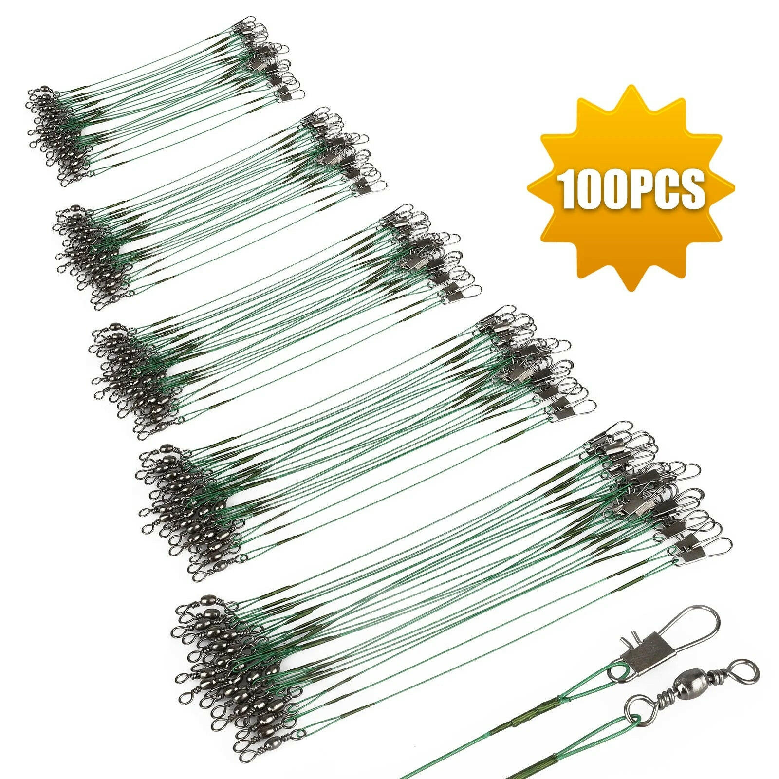Gear up for your next fishing adventure! 🎣 100PCS of heavy-duty stainless steel fishing line leaders with swivels & snaps - perfect for connecting tackle, lures, and hooks! 💪🌊 #FishingGear #AnglerEssentials #CatchOfTheDay.