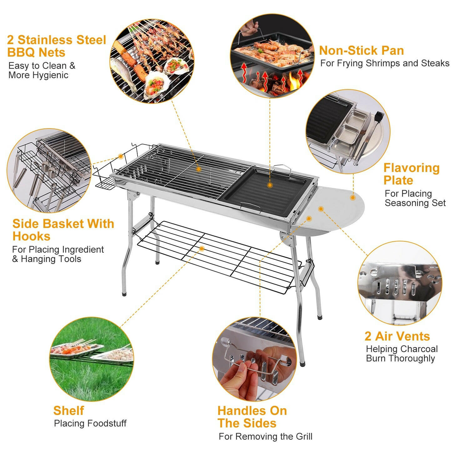 Foldable Portable Charcoal BBQ Grill - Stainless Steel Barbecue Grill for Picnics, Camping, and Yard Cooking with FedEx Shipping
