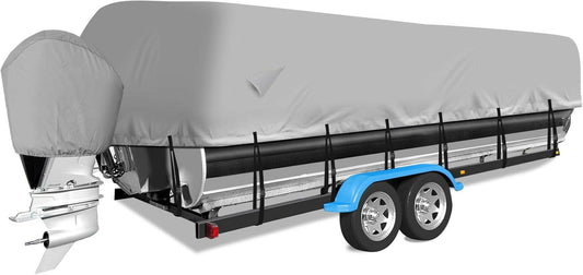 Heavy Duty 900D Waterproof Pontoon Boat Cover with Motor Cover - Fits 17-20 FT Deck Boats - Durable Marine Grade Canvas in Gray.