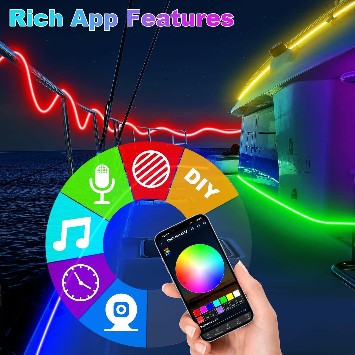 33FT Waterproof RGB LED Boat Light Strip - App Controlled Marine Lighting for Pontoon, Kayak, and Deck - Perfect for Night Fishing and Interior Illumination.