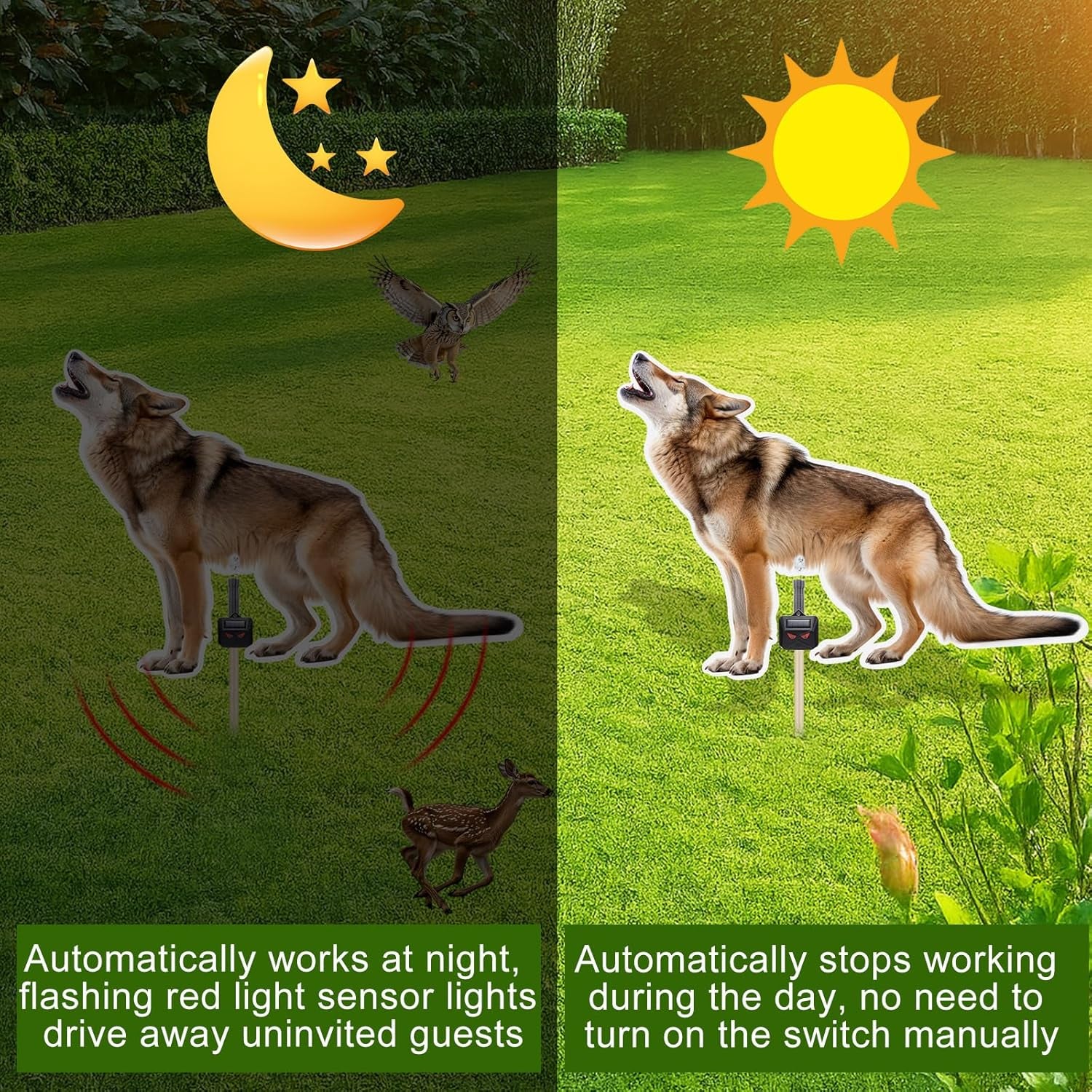 Solar-Powered Lone Coyote Decoy for Goose and Deer Deterrence - 30 x 22 Inch Predator Repellent for Garden Pests