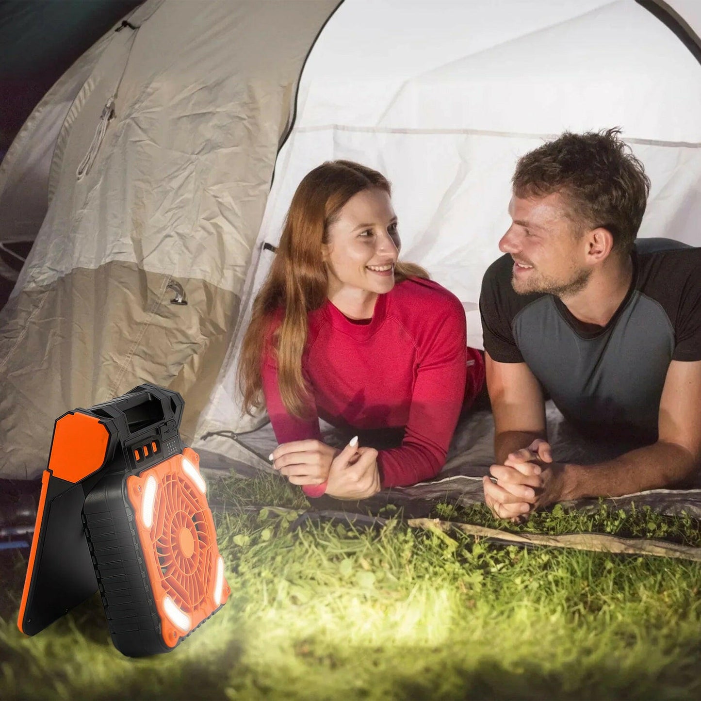 Solar Camping Fan with LED Lantern - 5200mAh Rechargeable Battery, Portable Design, Emergency Power Bank, 4 Wind Speeds, 3 Light Modes, and 3 Timers for Outdoor Activities